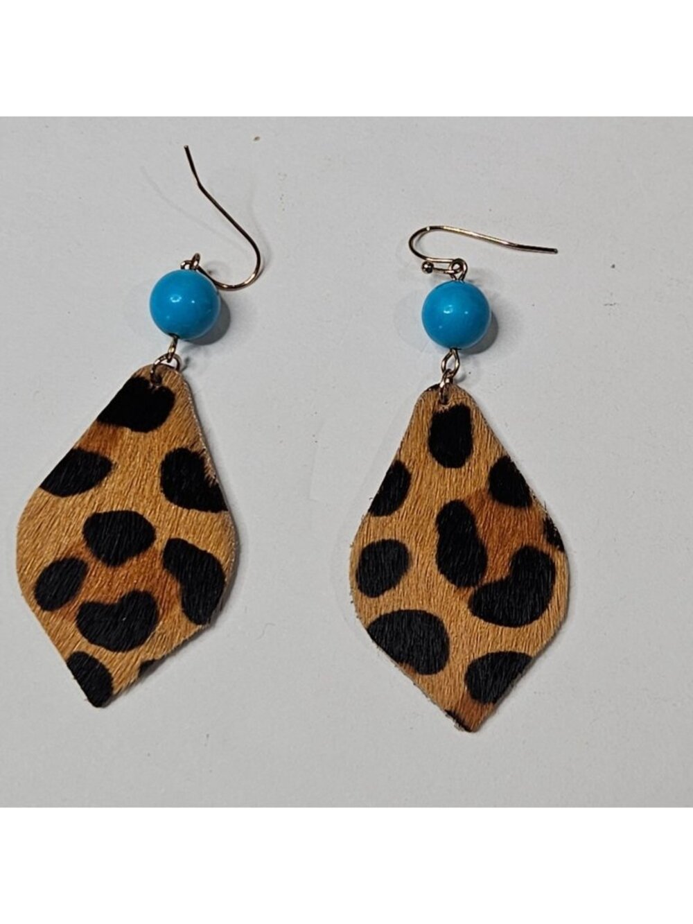Faux Calf Hair Leopard Print Dangle Earrings Blue Bead Goldtone Hooks 2.5 inches